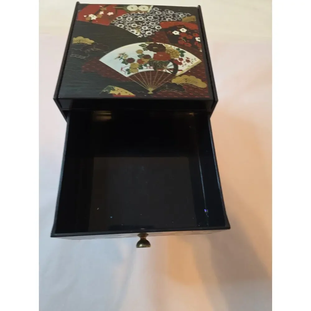 Vtg Otagiri Original Lacquerware Black W Fans Flowers 3 Drawer Jewelry Box
